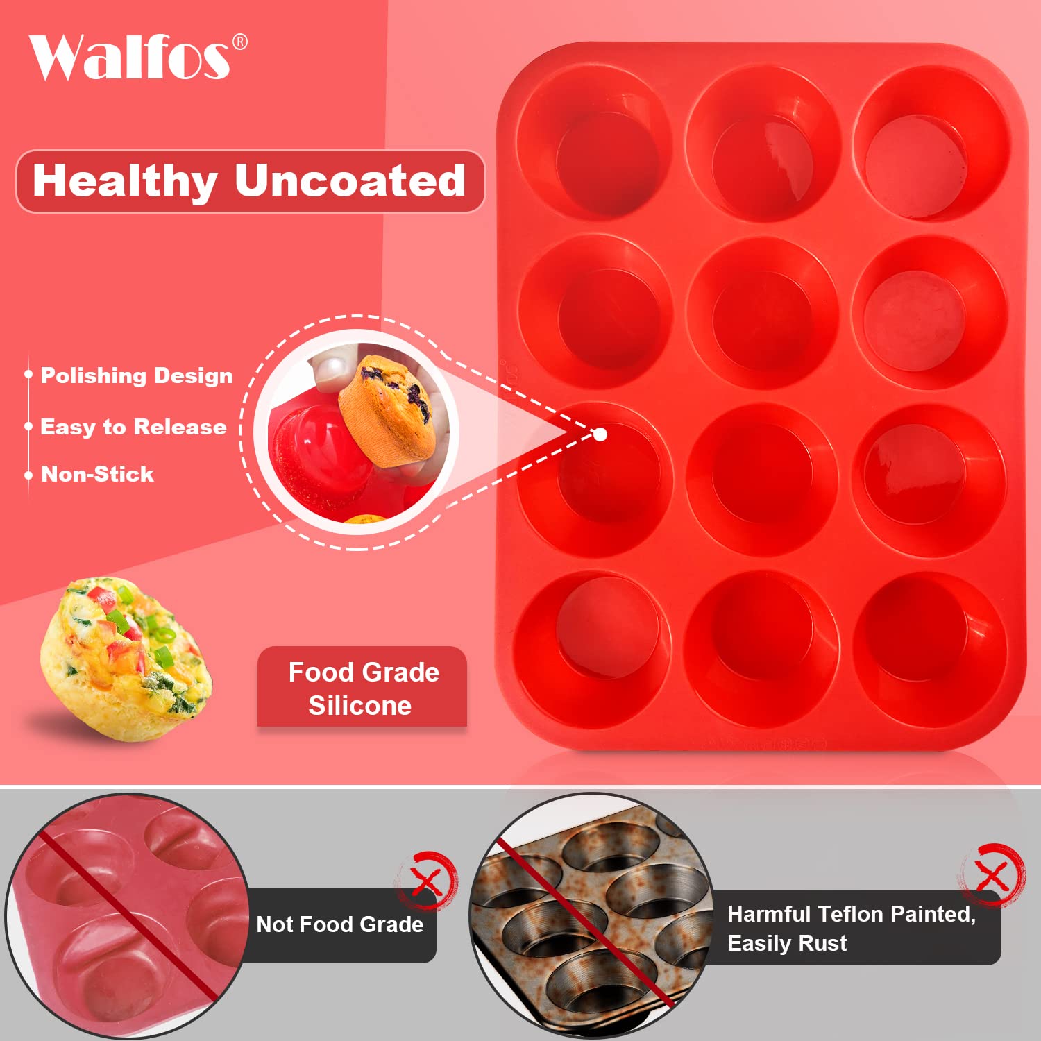 Walfos Silicone Muffin Pan Set - Regular 12 Cups Silicone Muffin Pan And Mini 24 Cups Cupcake Pan - Bpa Free And Dishwasher Safe